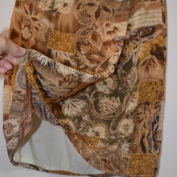 MARK SHALE Midi Skirt Lining Front Fold Floral Cream-Brown Zip Back USA 10 - Picture 3 of 10
